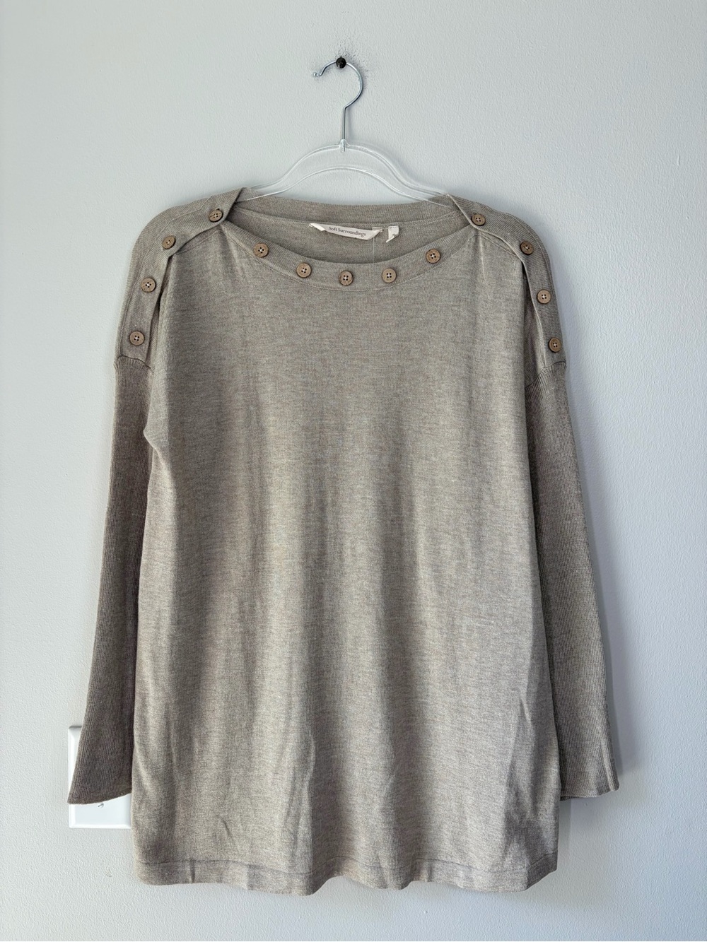 Soft Surroundings Taupe Heather Button Detail Knit Sweater Elevated Basics